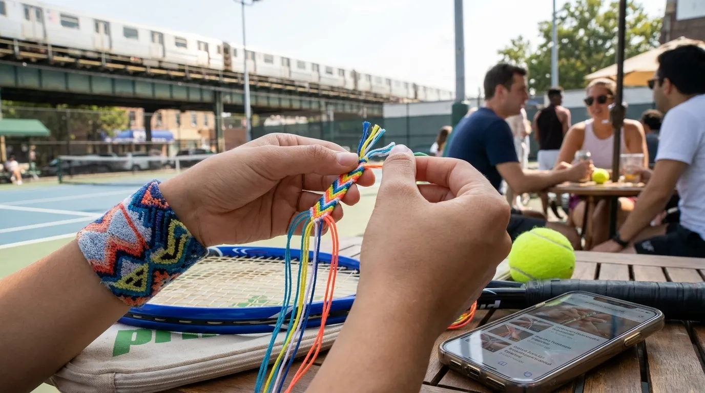 Bright editorial scene supporting US Open Friendship Bracelet Ideas Inspired by Tennis Traditions.