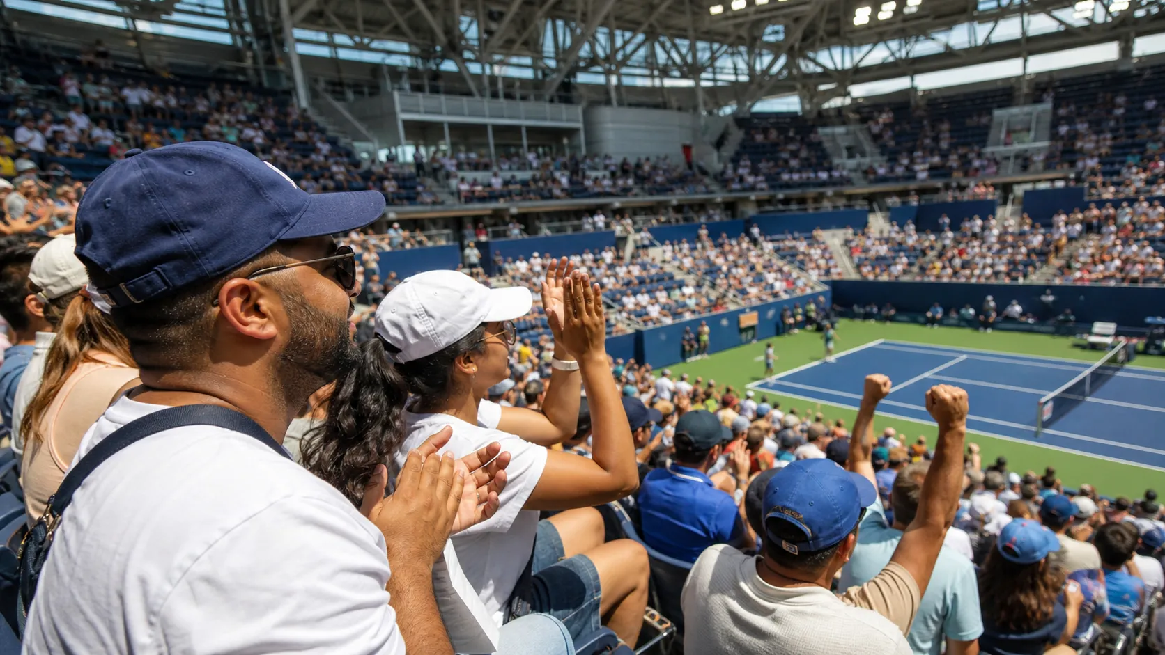 Photorealistic tennis scene illustrating US Open Grounds Pass Explained: Value, Access, and Limits.