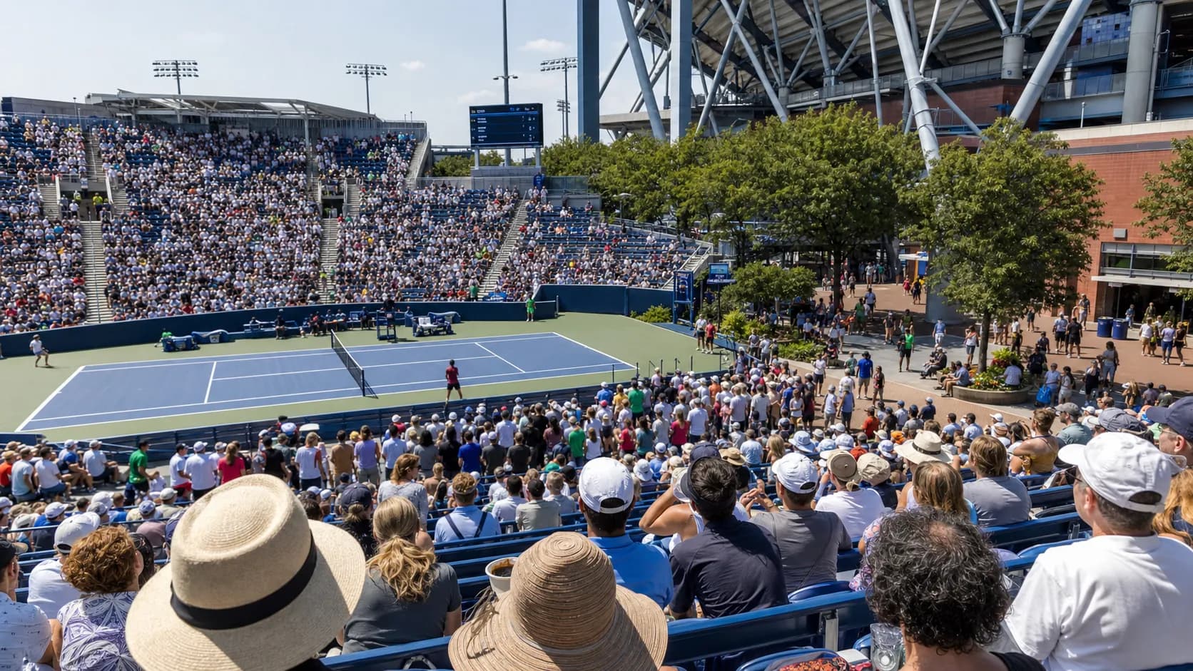 Bright US Open tennis atmosphere illustrating US Open Grounds Pass Explained: Value, Access, and Limits.
