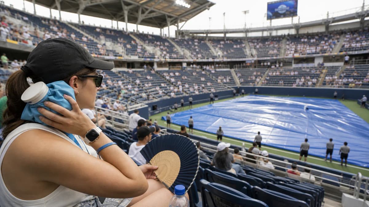 Photorealistic tennis scene illustrating US Open Heat Strategy: Hydration, Shade, and Smarter Session Planning.