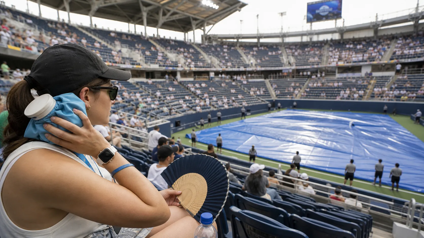 Photorealistic tennis scene illustrating US Open Heat Strategy: Hydration, Shade, and Smarter Session Planning.