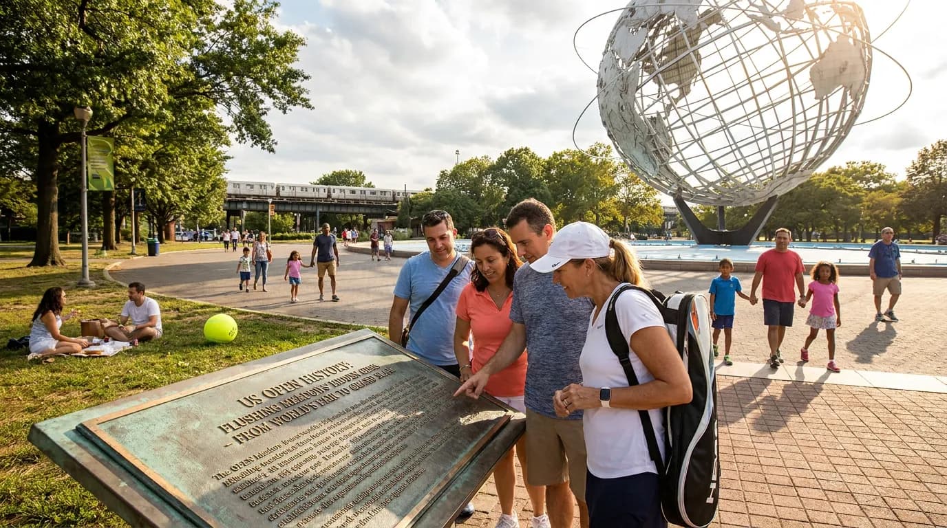 Photorealistic US Open tennis scene for US Open History Hidden Around Flushing Meadows.