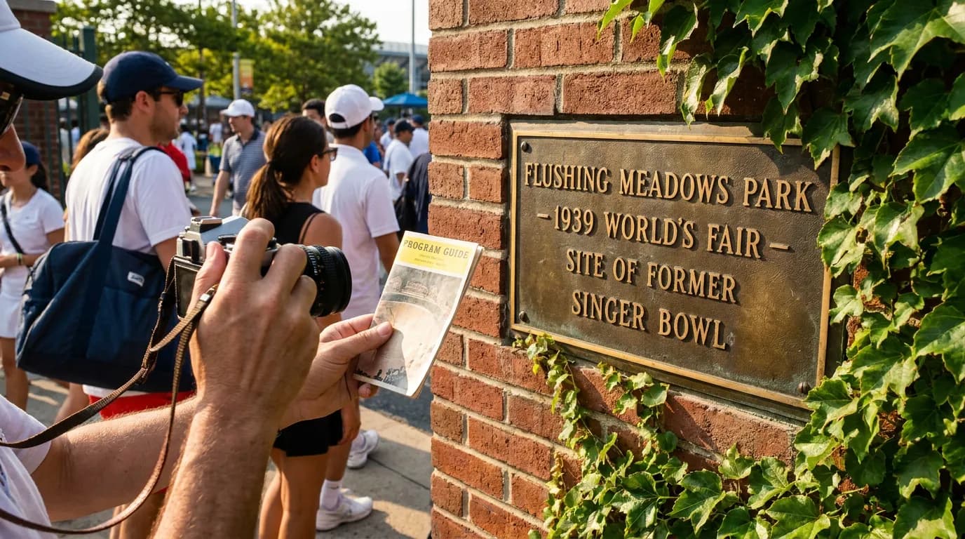 Photorealistic tennis scene illustrating US Open History Hidden Around Flushing Meadows.
