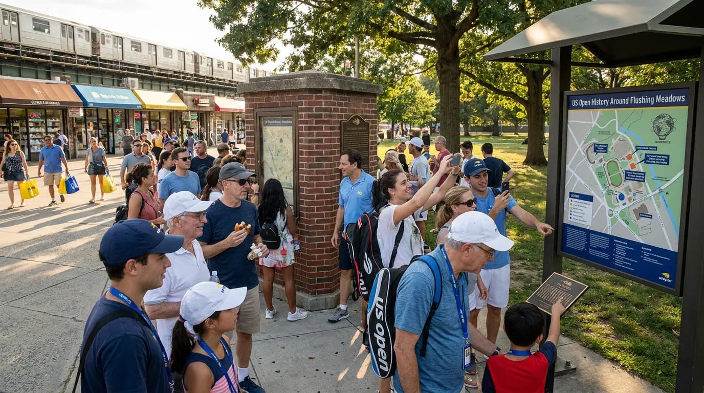 Bright US Open tennis atmosphere illustrating US Open History Hidden Around Flushing Meadows.