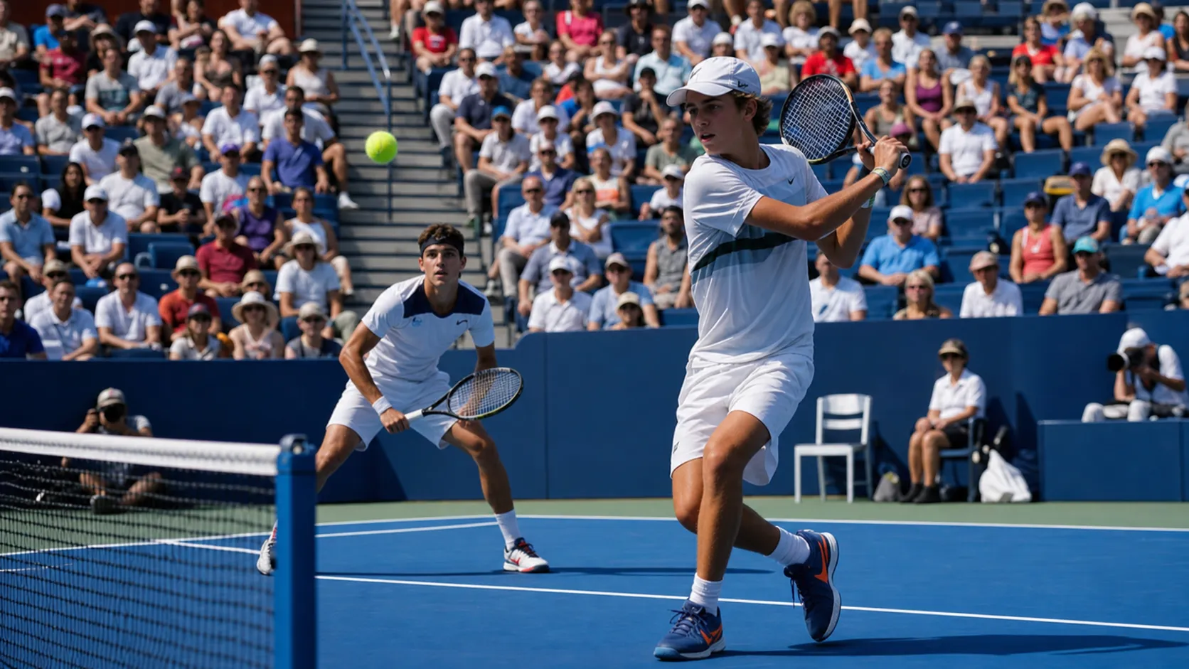 Photorealistic US Open tennis scene for US Open Junior Championships: Future Stars Fans Should Watch.