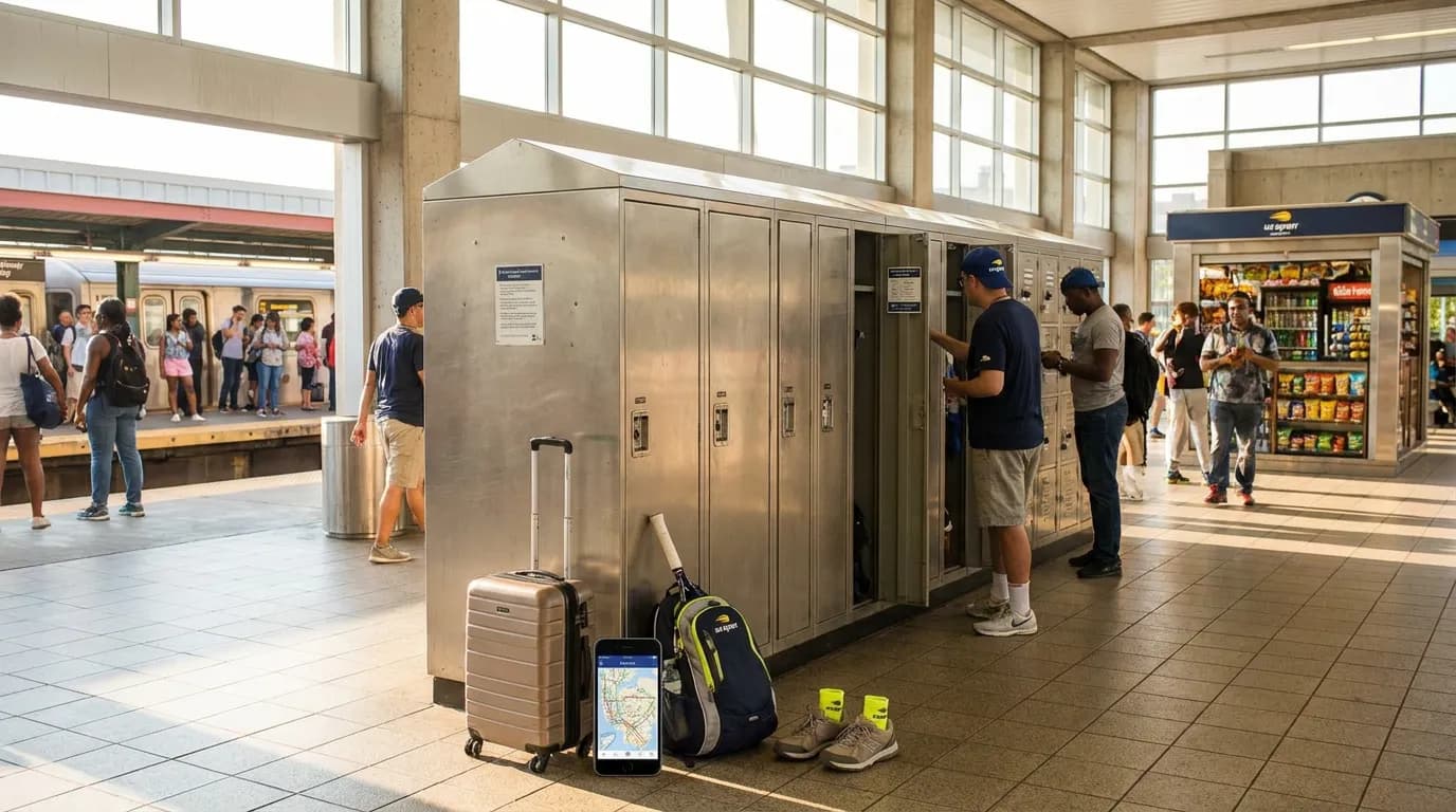 Photorealistic US Open tennis scene for US Open Lockers, Storage, and Light Packing Plans.