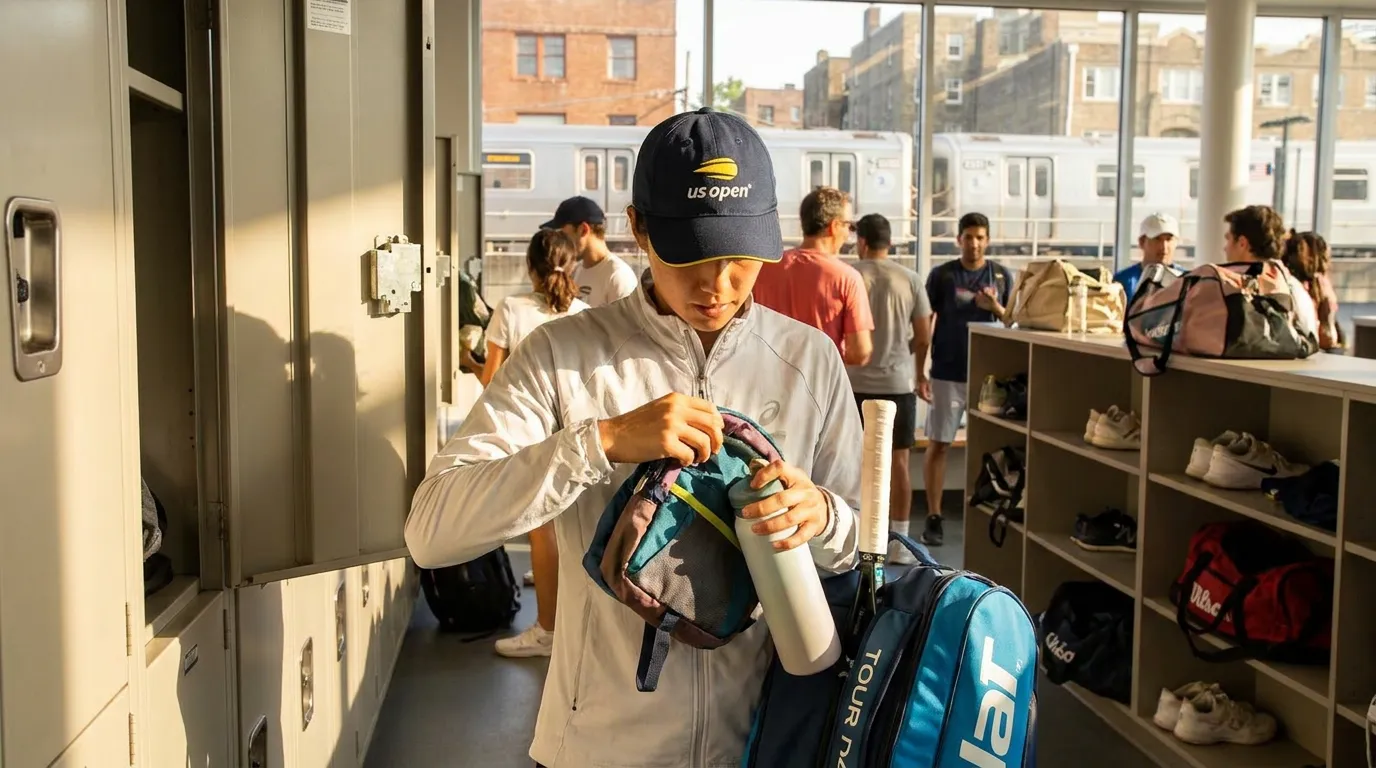 Photorealistic tennis scene illustrating US Open Lockers, Storage, and Light Packing Plans.
