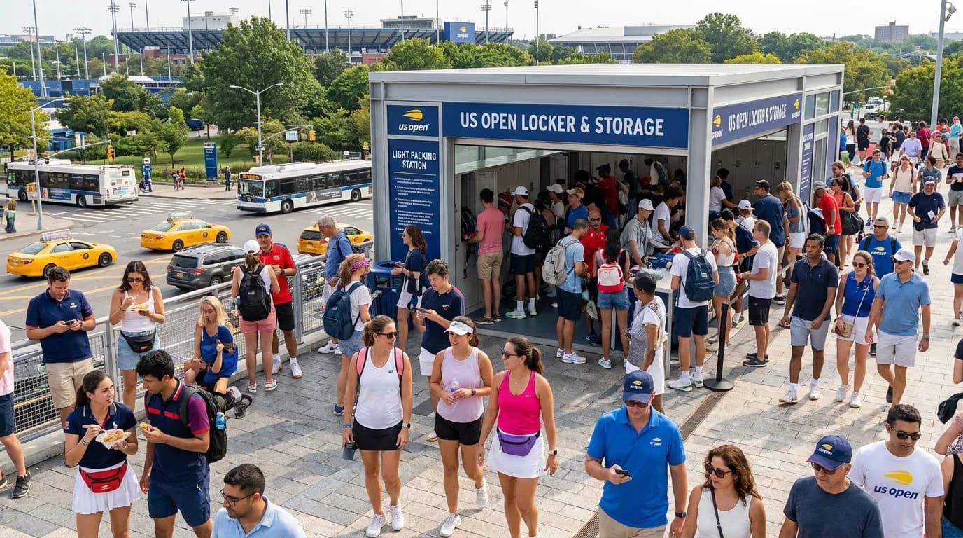 Bright US Open tennis atmosphere illustrating US Open Lockers, Storage, and Light Packing Plans.