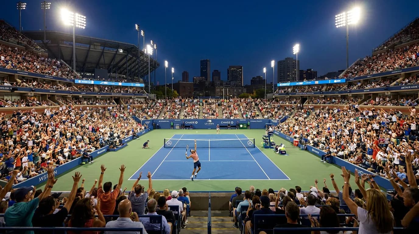Photorealistic US Open tennis scene for US Open Night Sessions: Best Matches, Atmosphere and Ticket Tips.