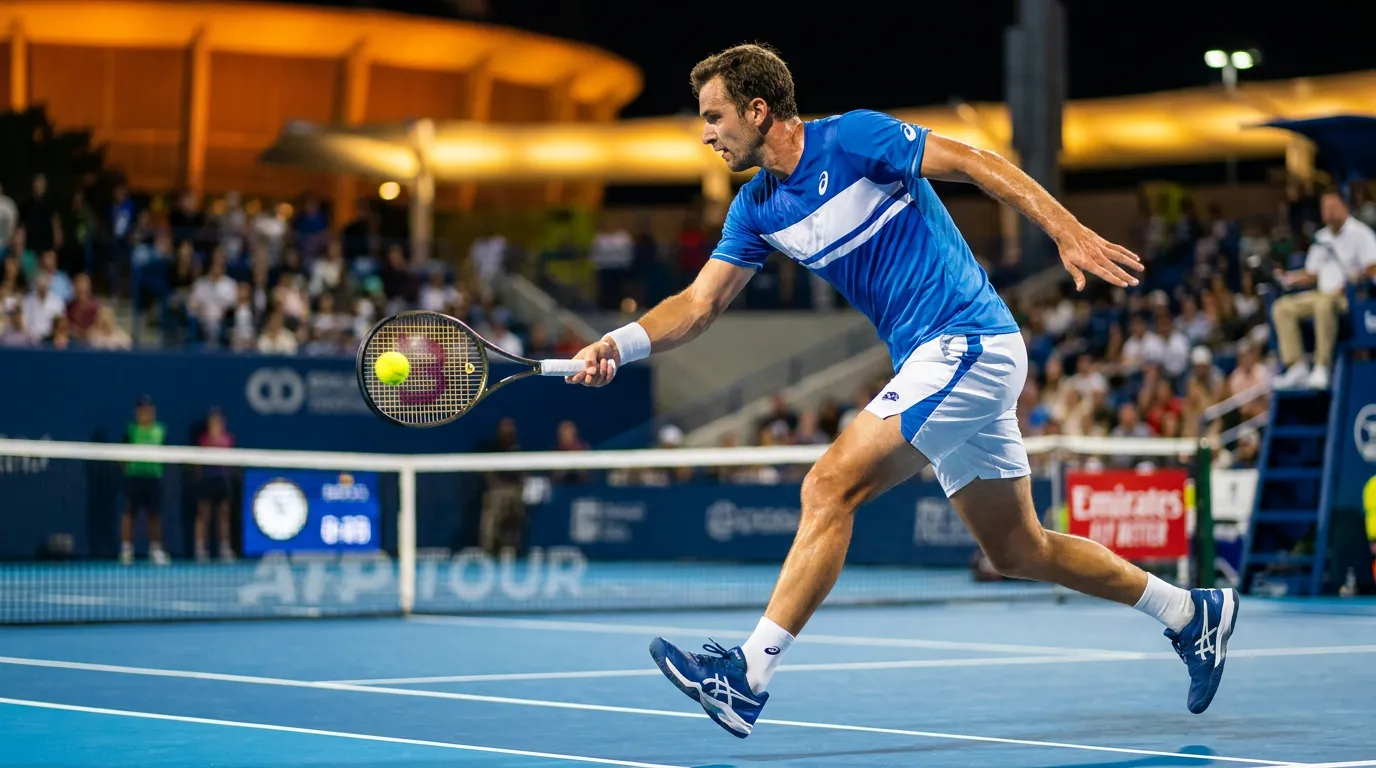 Photorealistic tennis scene illustrating US Open Night Sessions: Best Matches, Atmosphere and Ticket Tips.