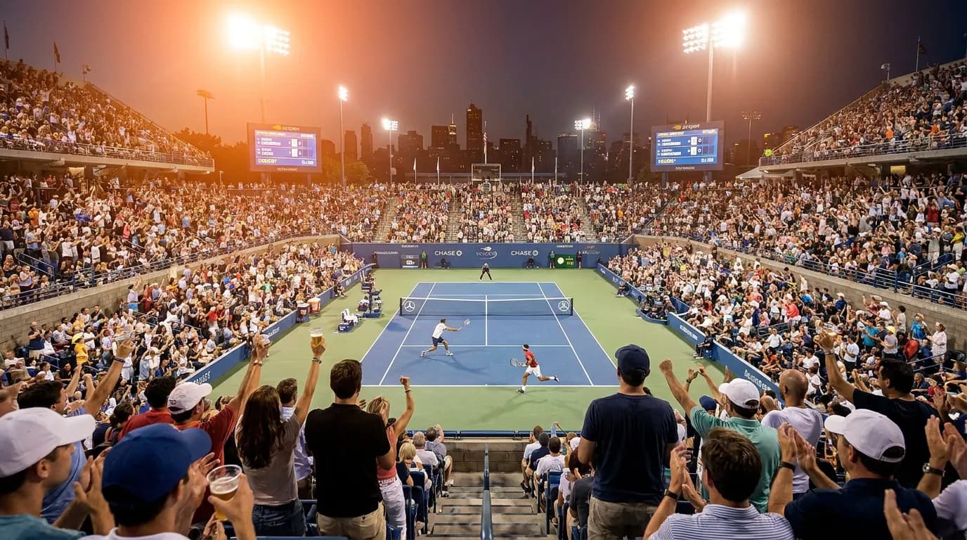 Bright US Open tennis atmosphere illustrating US Open Night Sessions: Best Matches, Atmosphere and Ticket Tips.