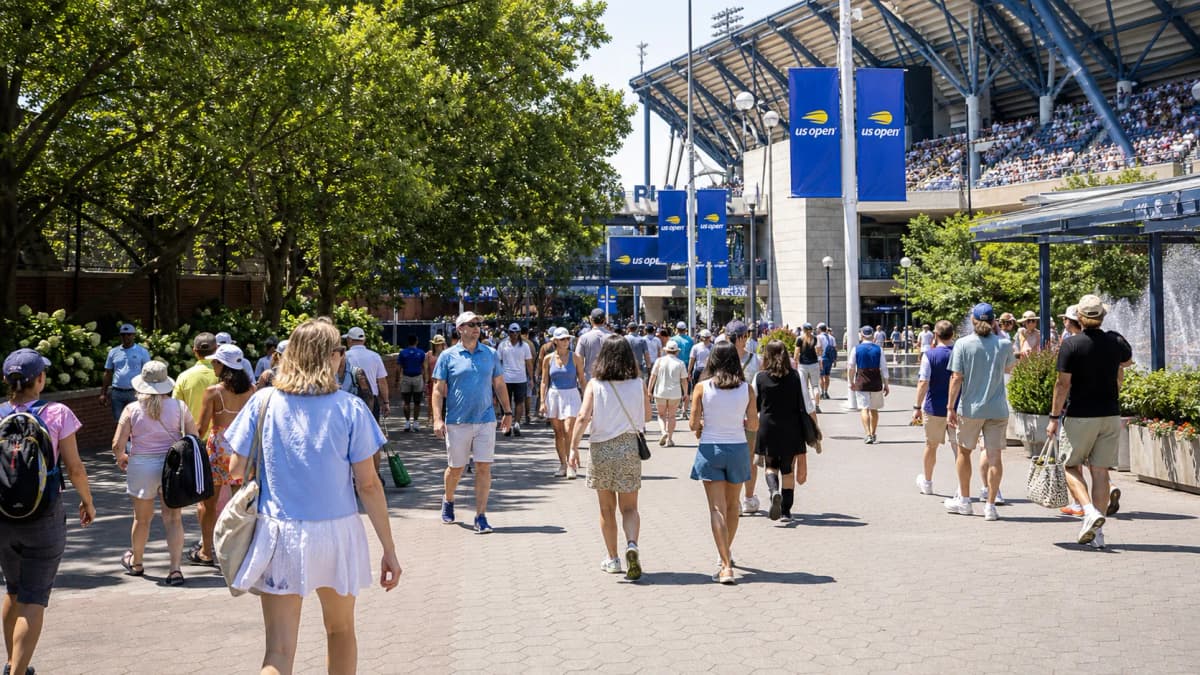 Photorealistic US Open tennis scene for US Open Parking Guide: Better Alternatives to Driving Yourself.
