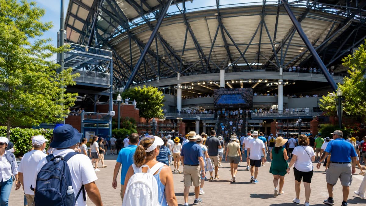 Photorealistic tennis scene illustrating US Open Parking Guide: Better Alternatives to Driving Yourself.