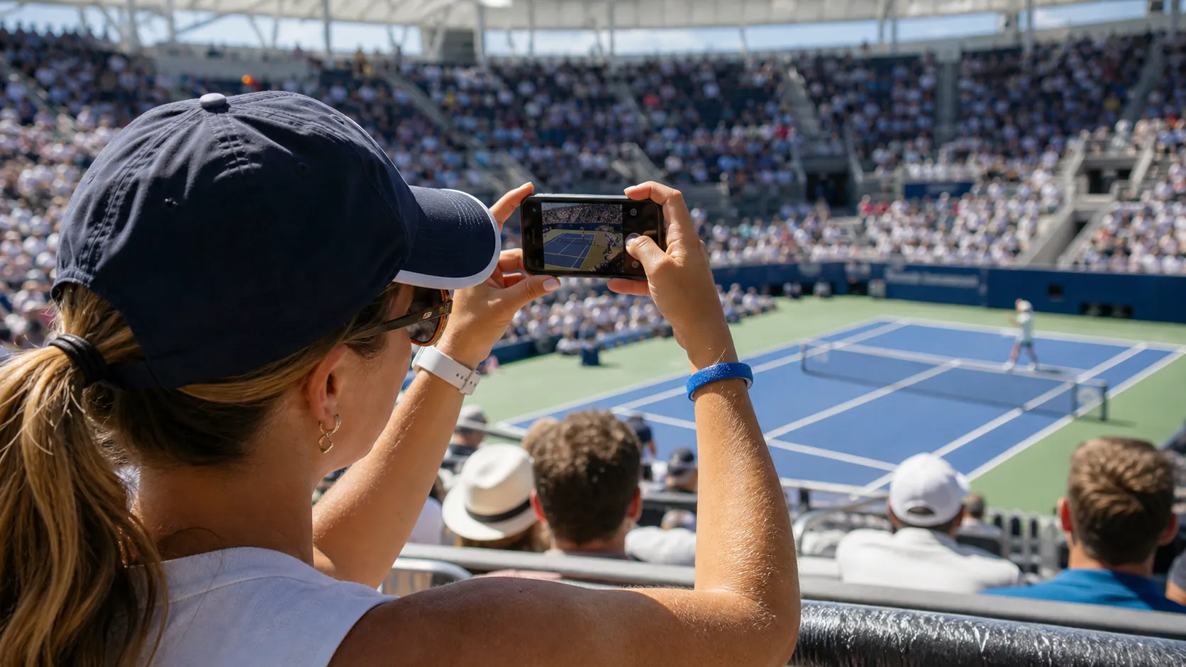 Photorealistic tennis scene illustrating US Open Photography Guide: Camera Rules and Best Viewpoints.