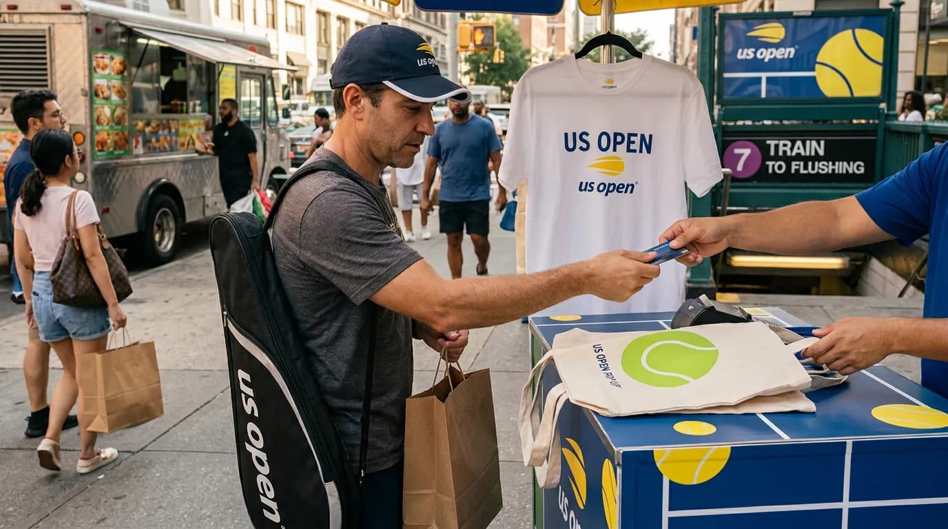 Photorealistic tennis scene illustrating US Open Pop-Up Shopping Around Manhattan and Queens.