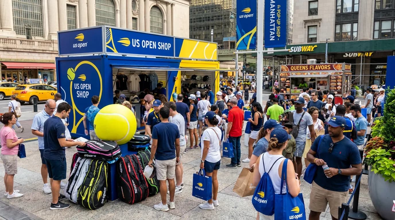 Bright US Open tennis atmosphere illustrating US Open Pop-Up Shopping Around Manhattan and Queens.