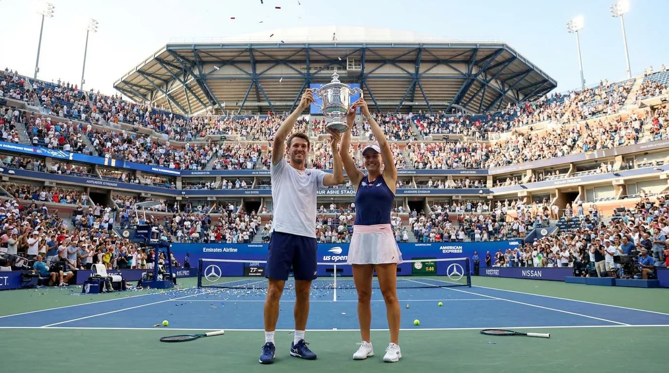 Photorealistic US Open tennis scene for US Open Prize Money 2026: What Champions Could Earn.