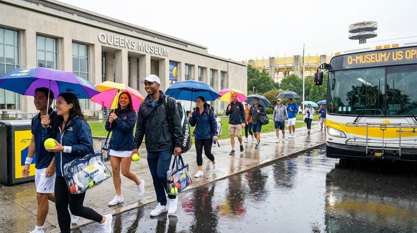 Photorealistic New York scene for US Open Rain-Day Museum Routes Around Flushing Meadows.