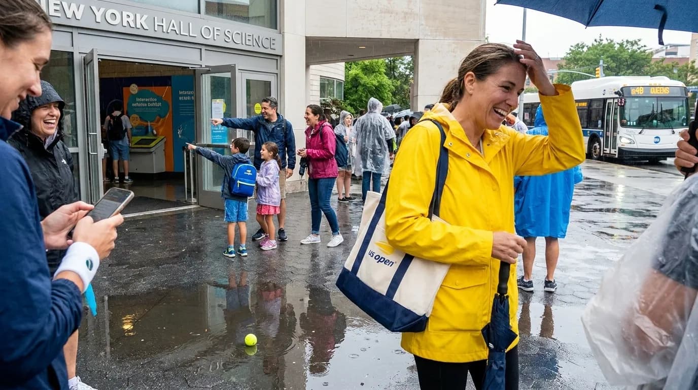 Bright editorial scene supporting US Open Rain-Day Museum Routes Around Flushing Meadows.