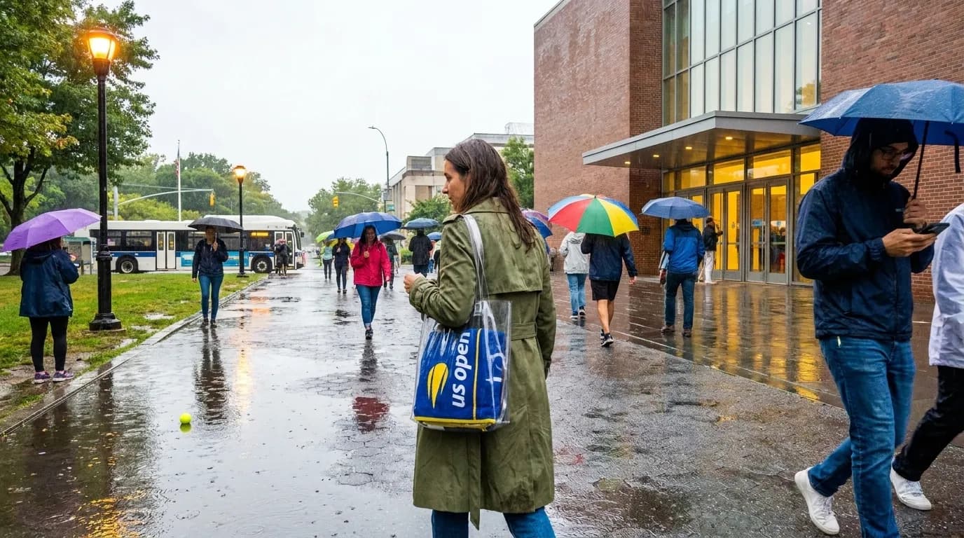 Bright editorial scene supporting US Open Rain-Day Museum Routes Around Flushing Meadows.