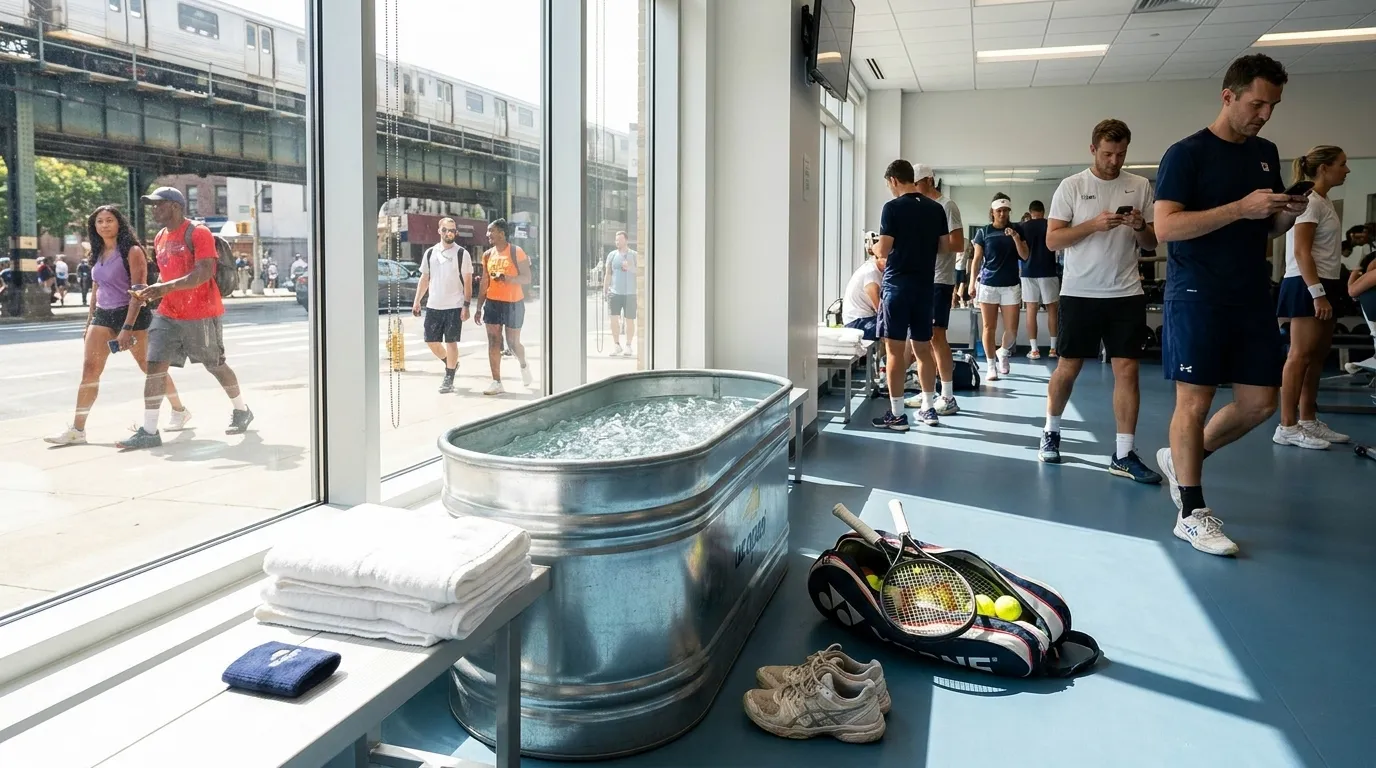 Photorealistic New York scene for US Open Recovery Routines Between Grueling Five-Set Matches.