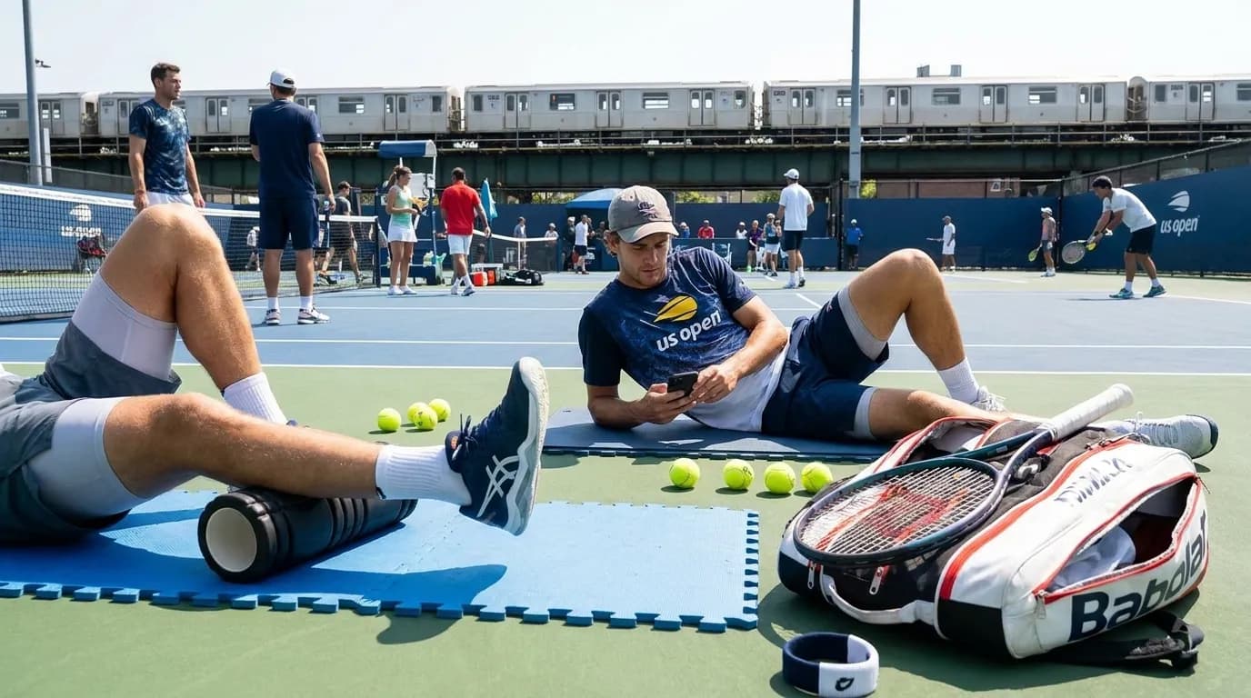 Bright editorial scene supporting US Open Recovery Routines Between Grueling Five-Set Matches.