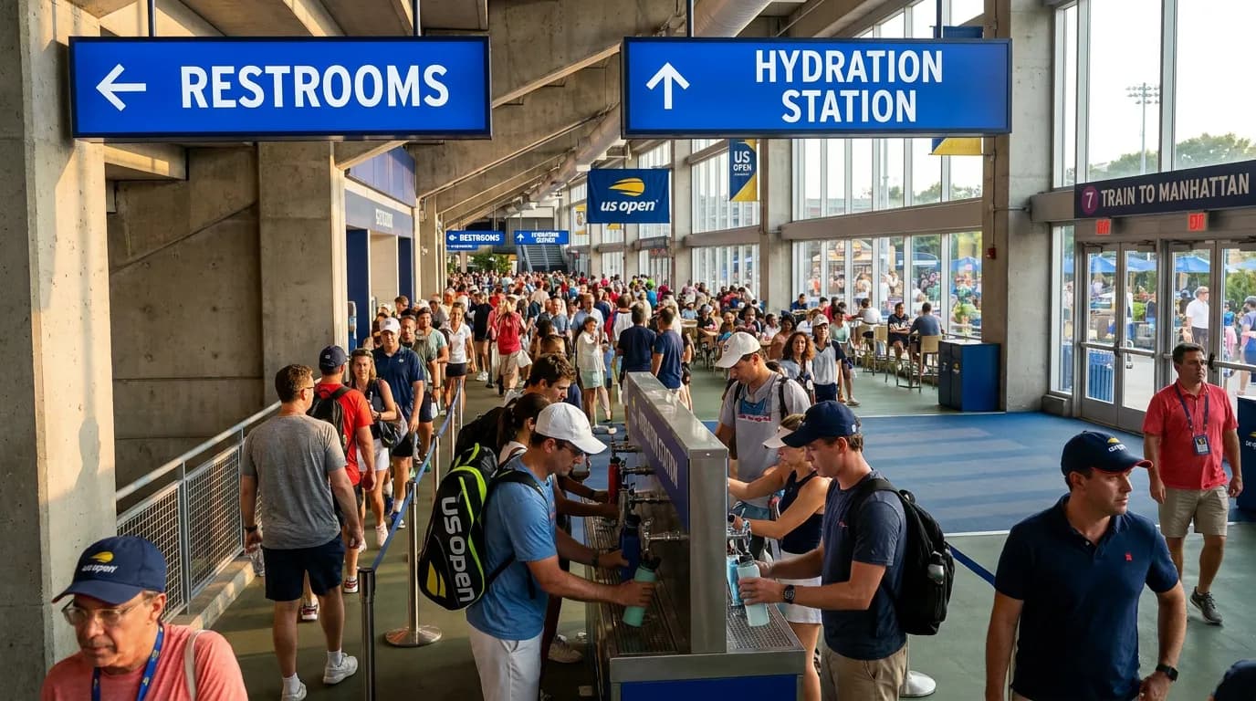 Photorealistic US Open tennis scene for US Open Restroom and Refill Station Strategy.