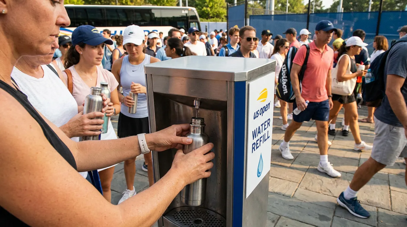 Photorealistic tennis scene illustrating US Open Restroom and Refill Station Strategy.