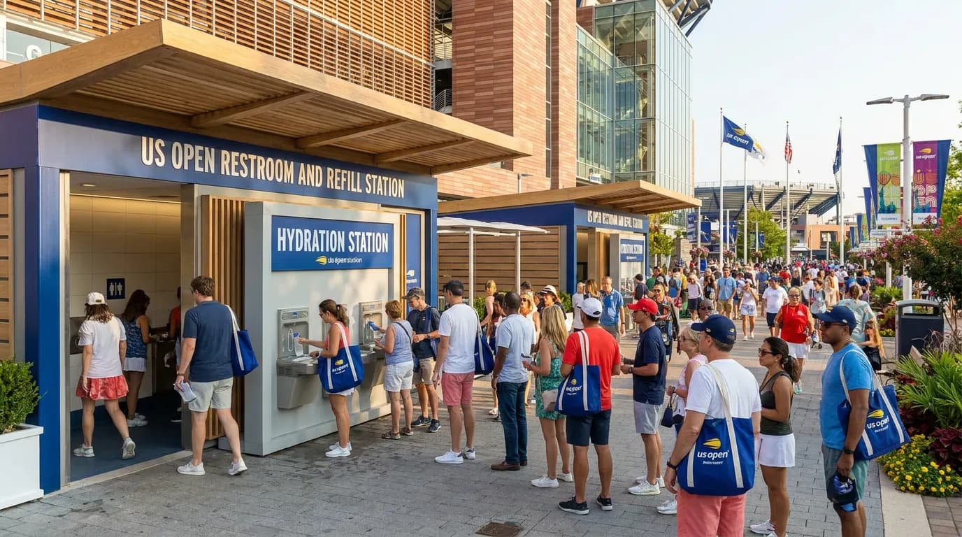 Bright US Open tennis atmosphere illustrating US Open Restroom and Refill Station Strategy.