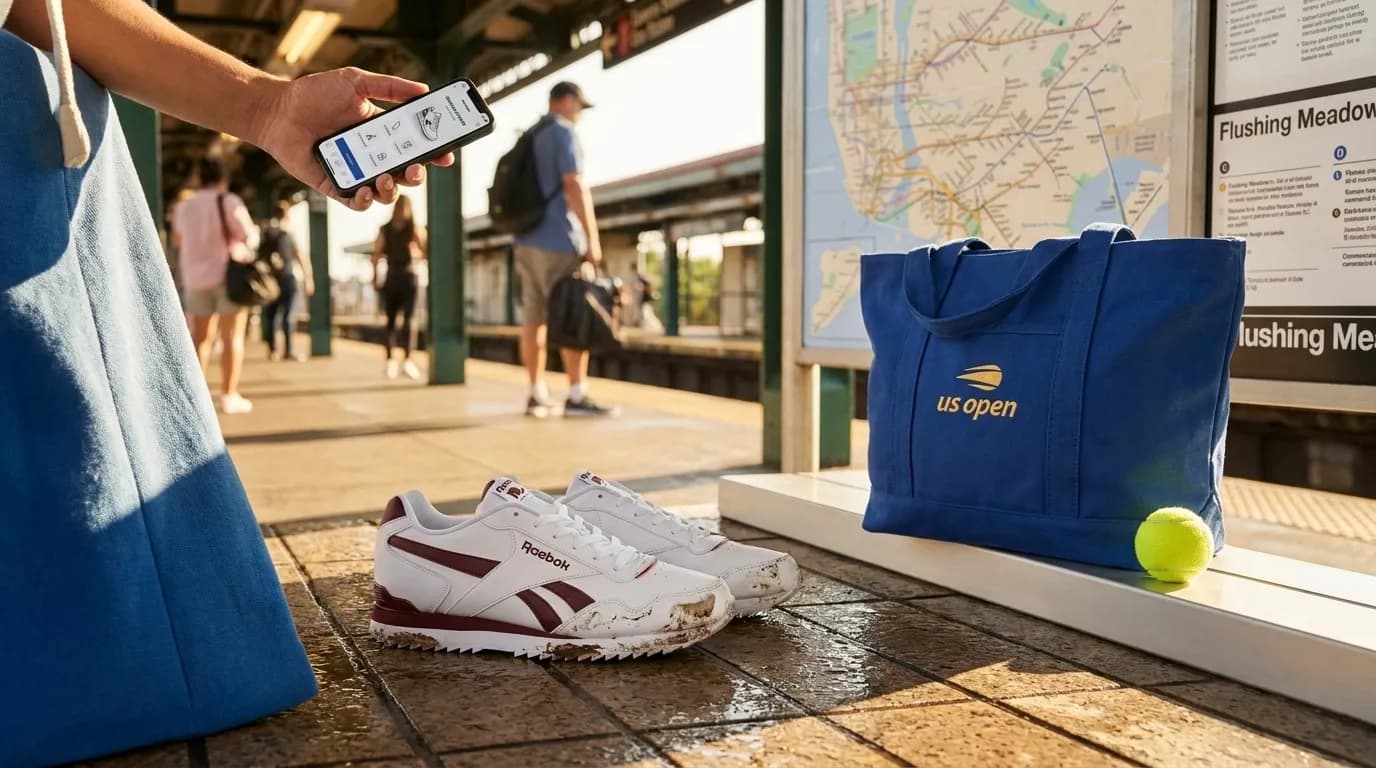 Photorealistic New York scene for US Open Sneaker Care Tips After Rainy Match Days.