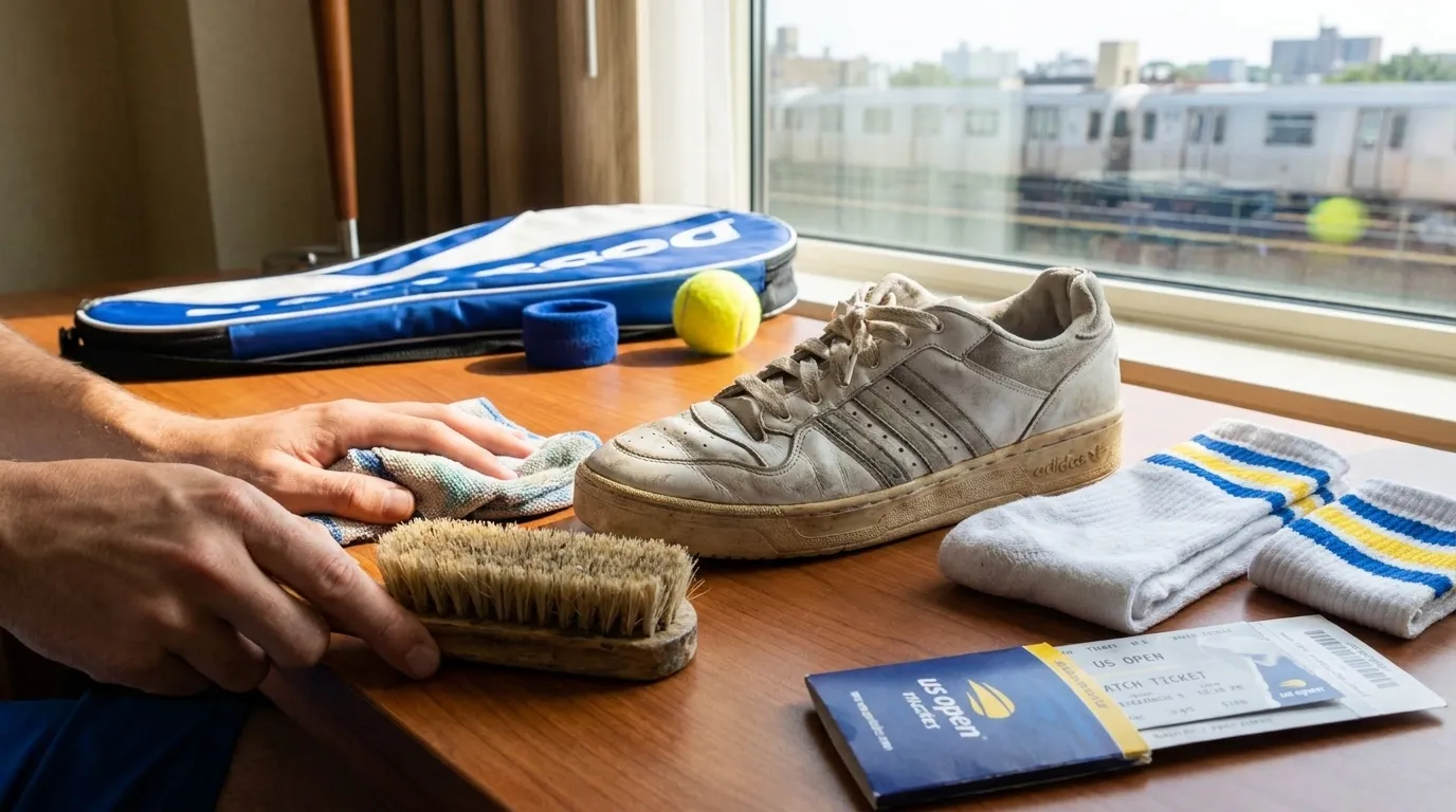 Bright editorial scene supporting US Open Sneaker Care Tips After Rainy Match Days.