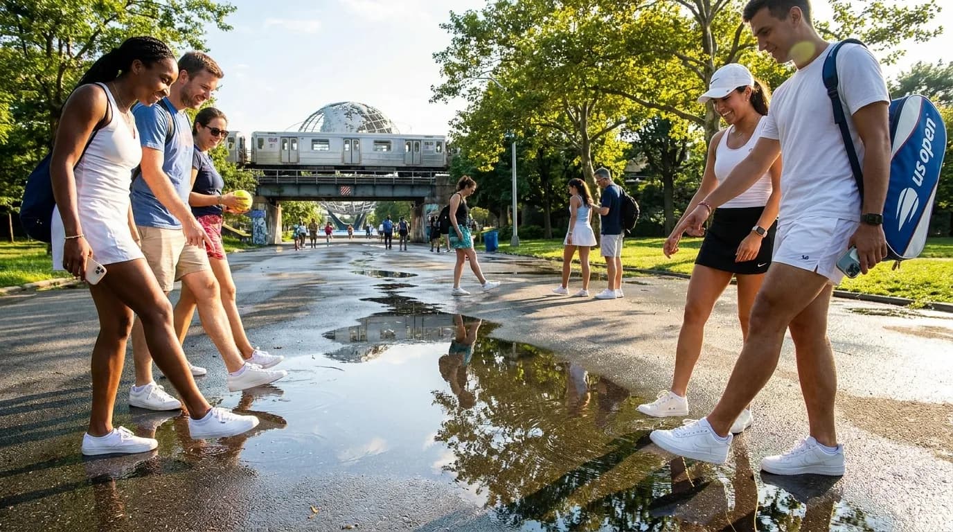 Bright editorial scene supporting US Open Sneaker Care Tips After Rainy Match Days.