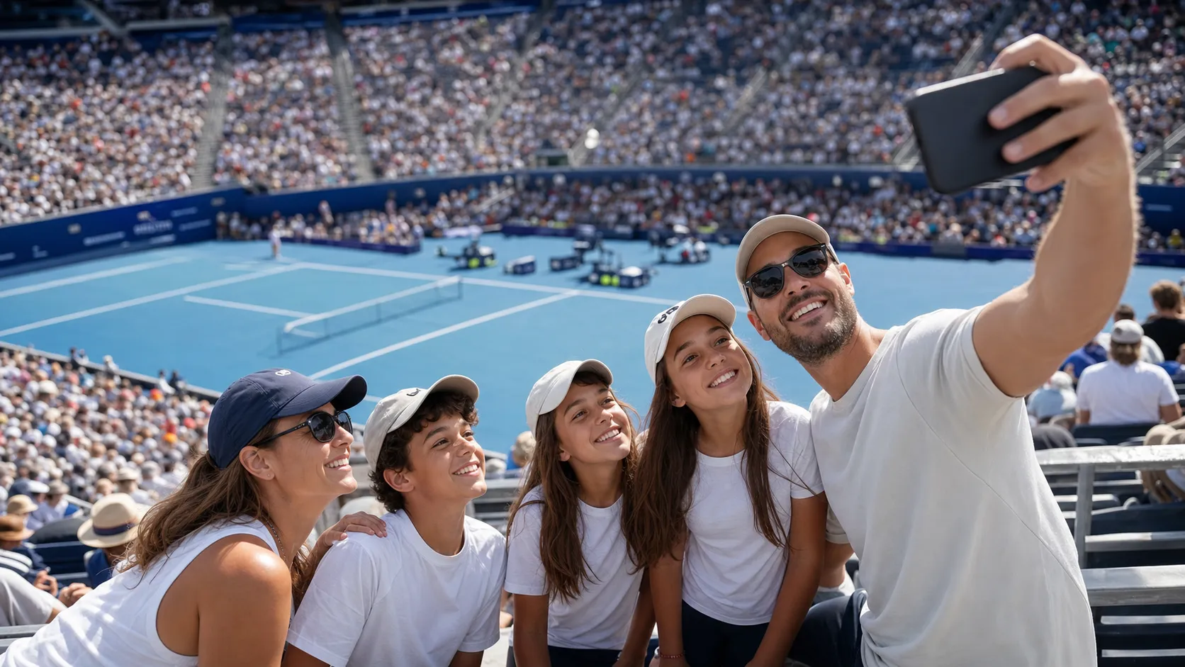 Photorealistic US Open tennis scene for US Open Solo Travel Guide for First-Time New York Visitors.