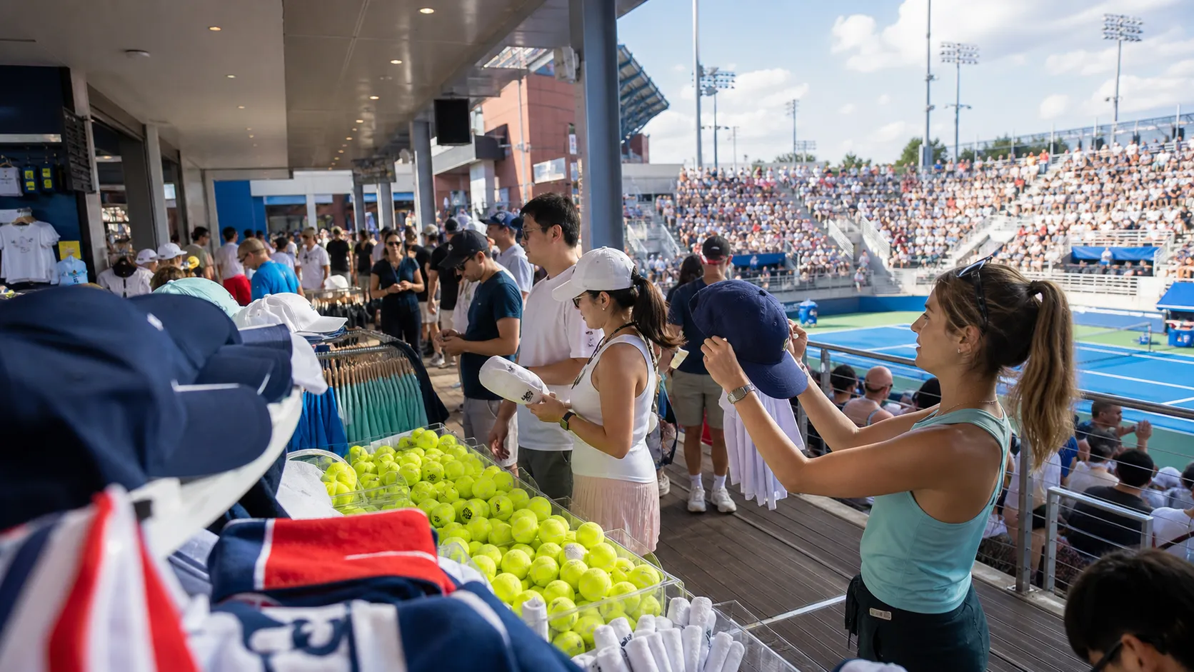 Photorealistic US Open tennis scene for US Open Souvenir Guide: What Is Actually Worth Buying.