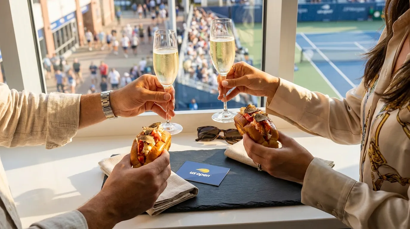 Photorealistic tennis scene illustrating US Open Splurge Choices That May Feel Worthwhile.