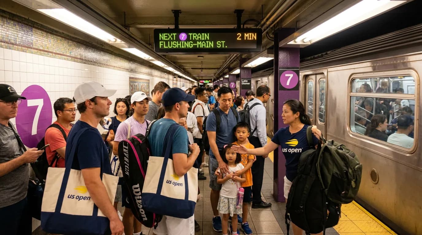 Photorealistic US Open tennis scene for US Open Subway Etiquette for Crowded Match Nights.