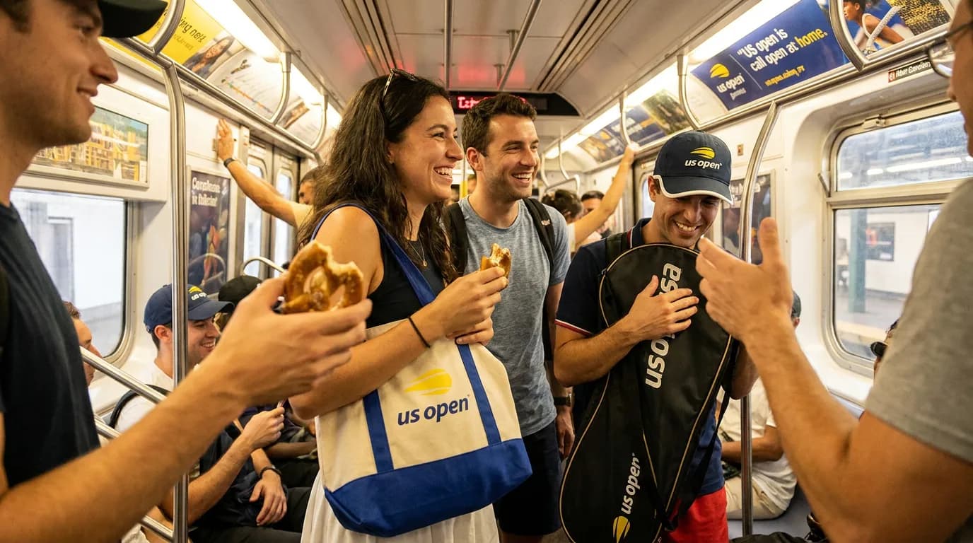 Photorealistic tennis scene illustrating US Open Subway Etiquette for Crowded Match Nights.