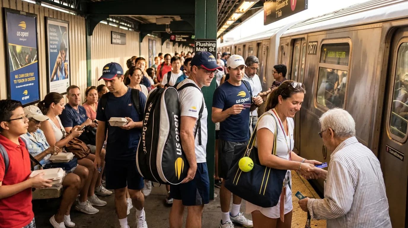 Bright US Open tennis atmosphere illustrating US Open Subway Etiquette for Crowded Match Nights.