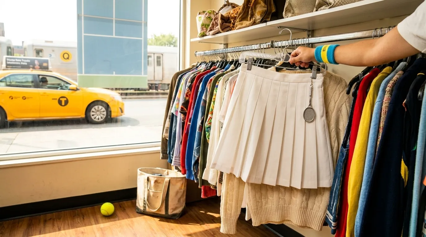 Photorealistic New York scene for US Open Thrift Shopping for Vintage Tennis Style.