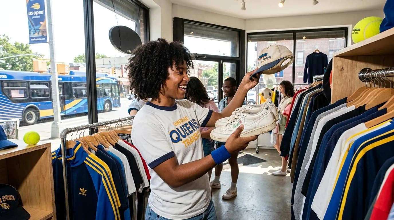 Bright editorial scene supporting US Open Thrift Shopping for Vintage Tennis Style.