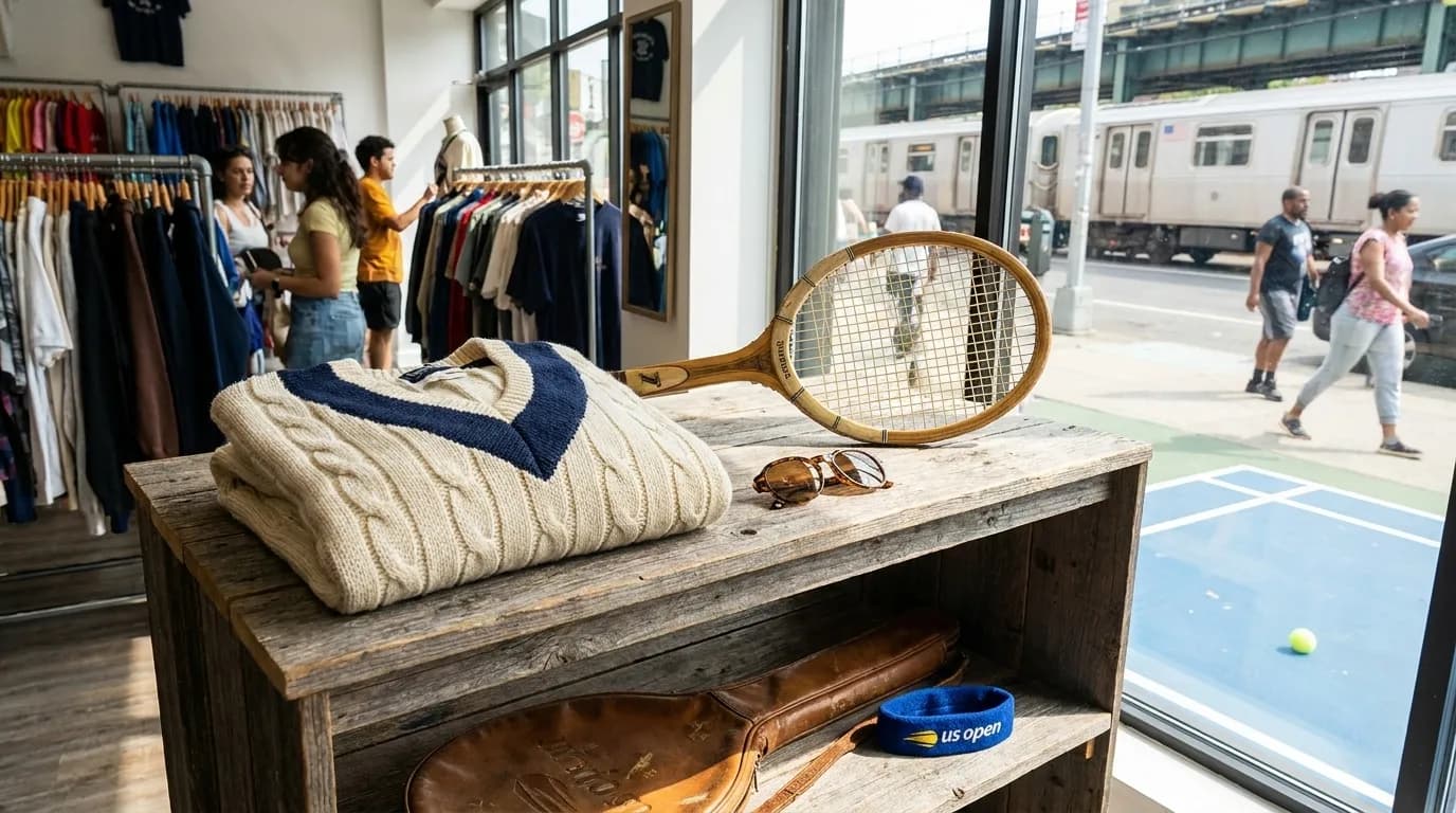 Bright editorial scene supporting US Open Thrift Shopping for Vintage Tennis Style.