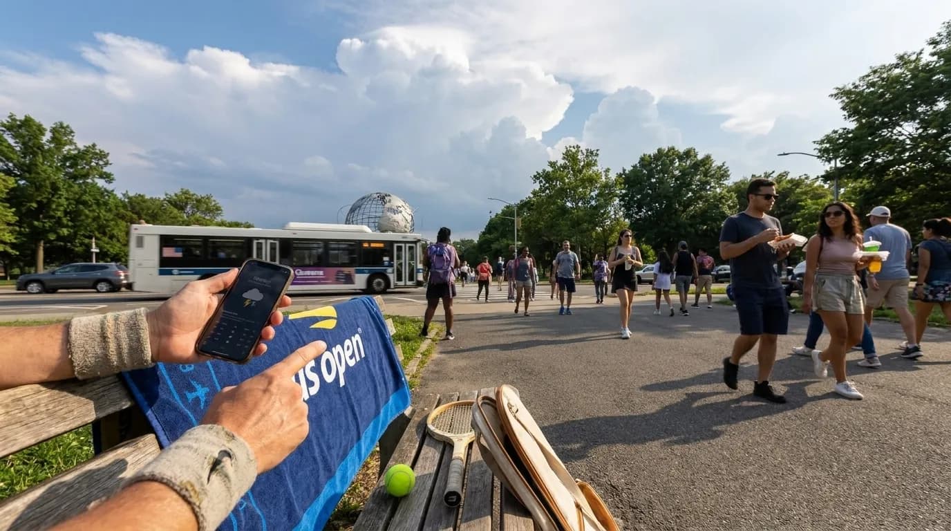 Bright editorial scene supporting US Open Thunderstorm Alerts Fans Should Monitor Before Travel.