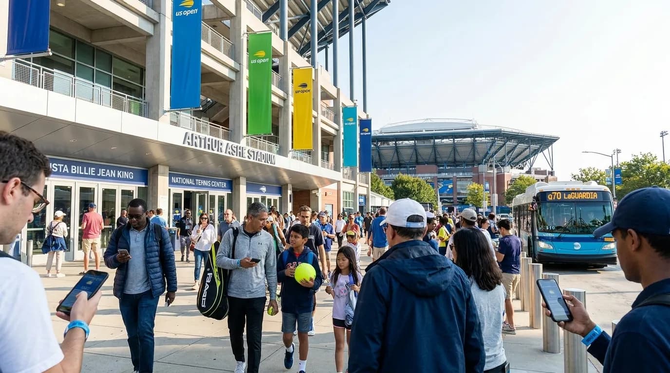 Bright editorial scene supporting US Open Thunderstorm Alerts Fans Should Monitor Before Travel.