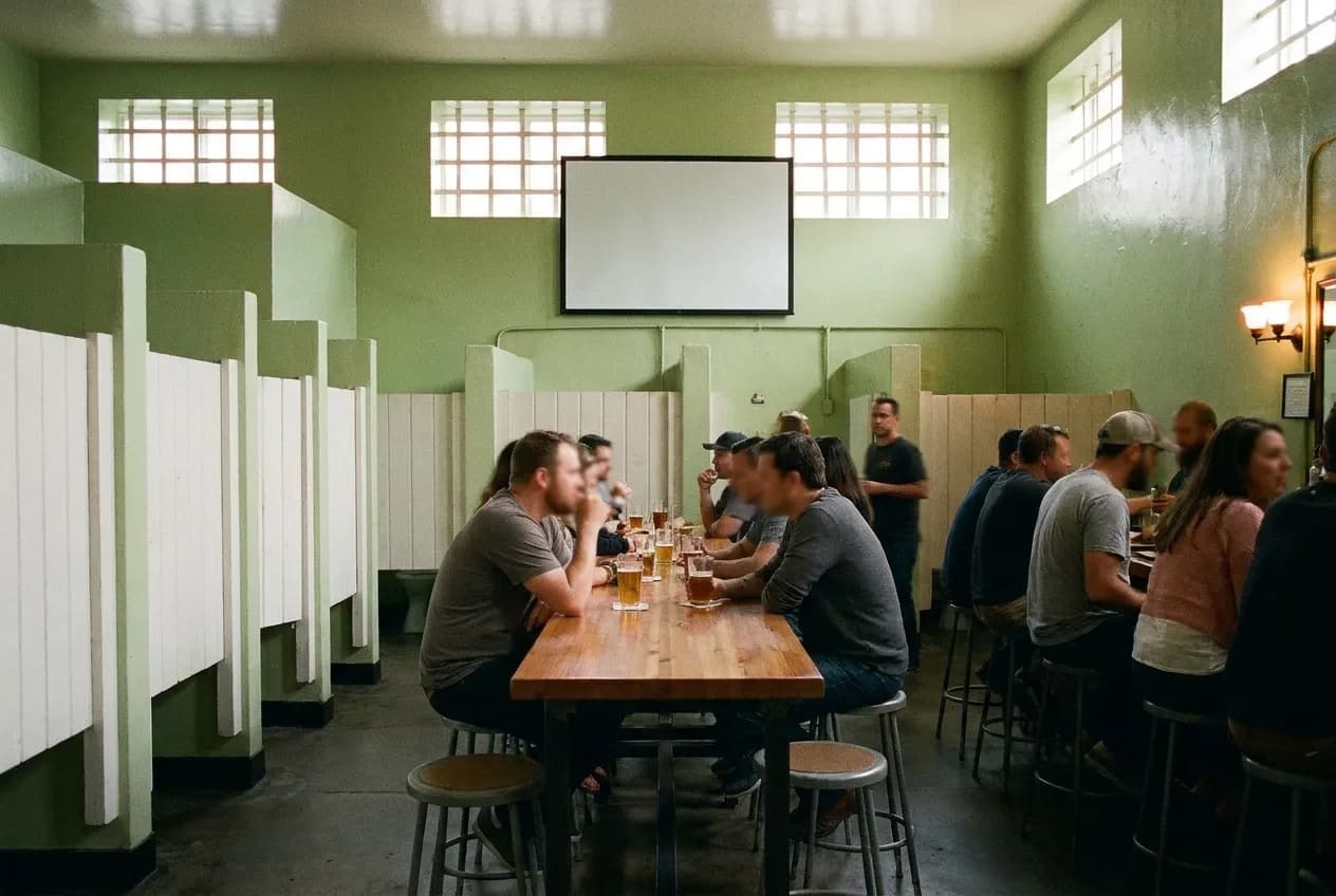 A long communal table in a bar with a large screen on the far wall
