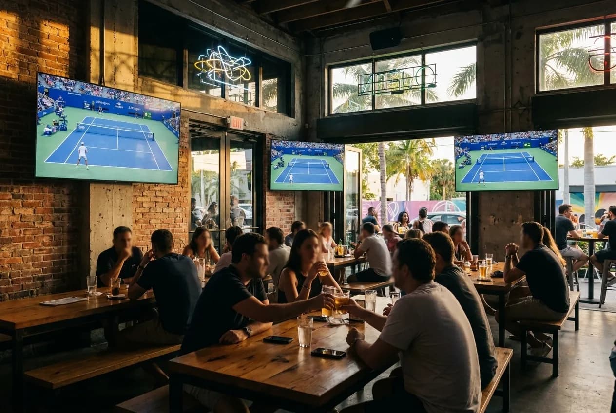 Wide view of a Wynwood sports bar interior with multiple wall-mounted screens, long communal tables, exposed brick, neon accents, and patrons watching a tennis match on television.