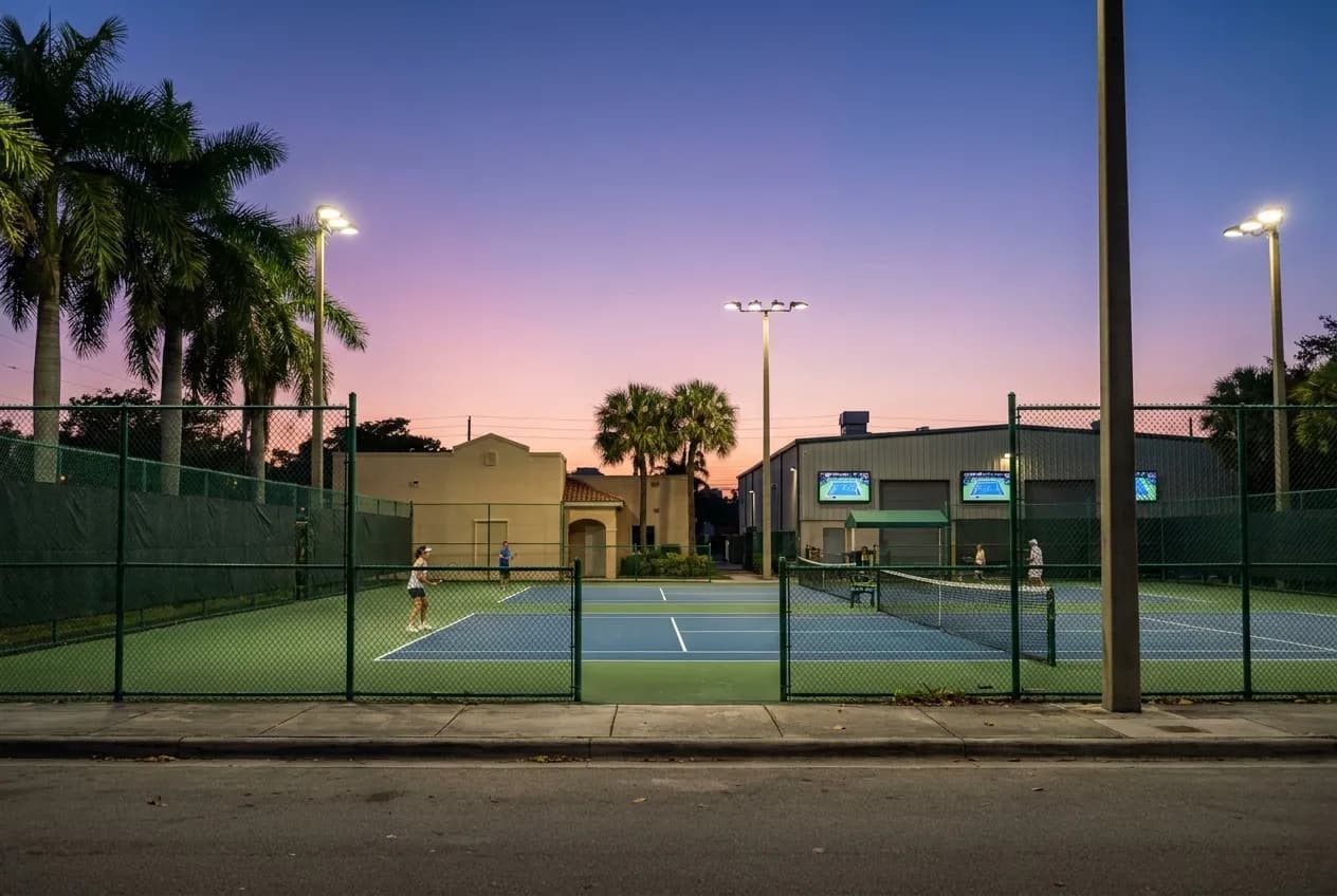Blue and green hard-court tennis surfaces bordered by tall chain-link fencing under bright overhead lights as dusk settles over a Miami neighborhood lined with palm trees.