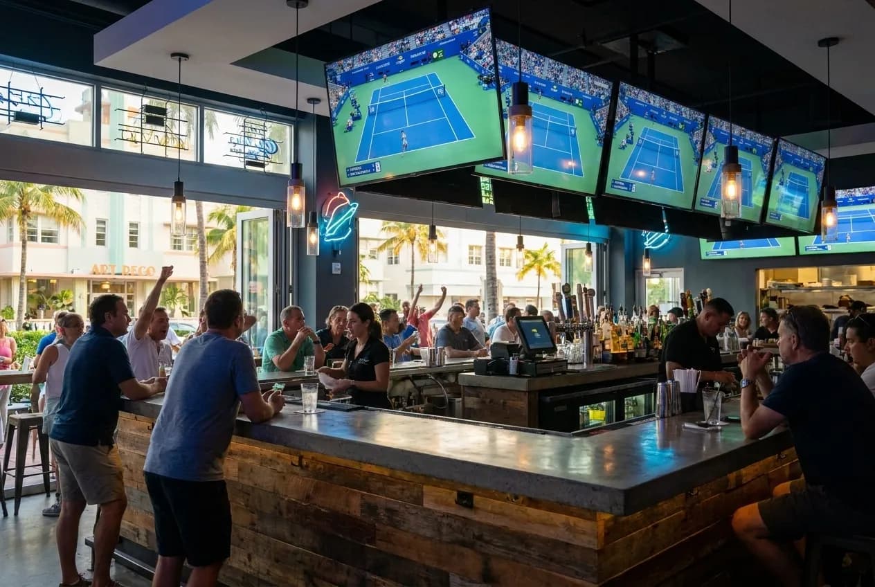 Interior of a contemporary Miami sports bar with rows of large HD screens mounted on dark walls, bar seating in foreground, ambient lighting from televisions.