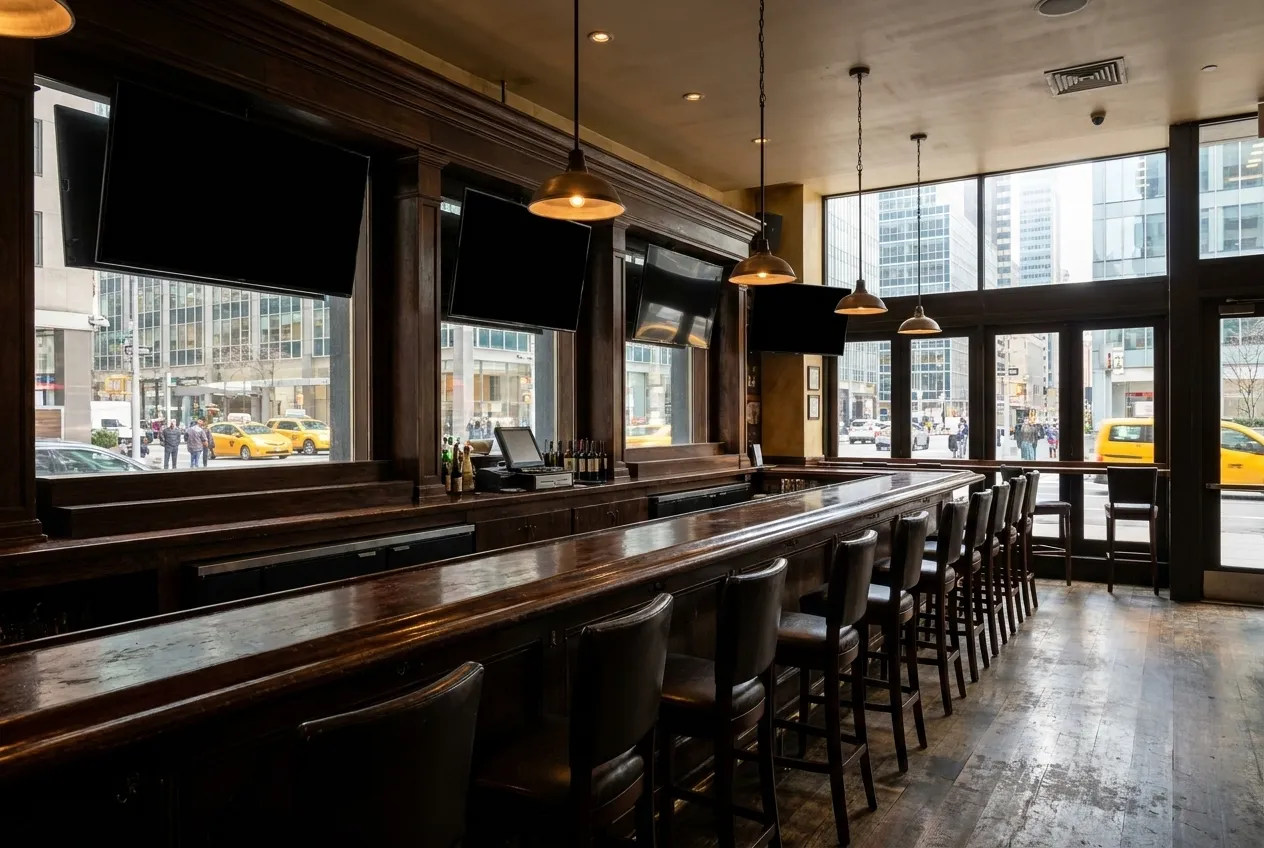 A wide interior shot of a contemporary Murray Hill bar with dark wood paneling, multiple flat screens mounted on exposed brick, and empty leather stools lining the counter.