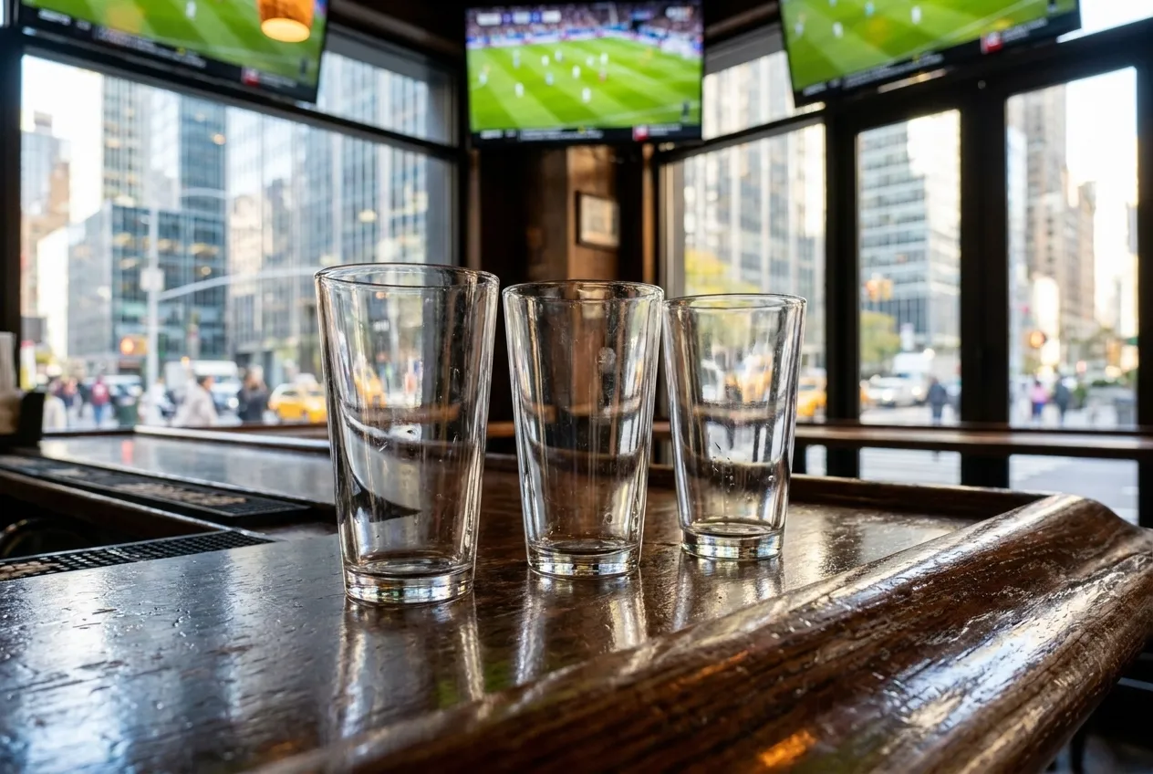 A polished wooden bar top with a row of empty beer glasses and a television screen glowing in soft focus behind them in a Midtown sports bar.