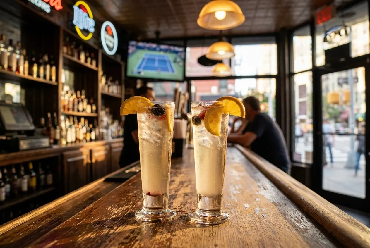 Two tall cocktail glasses garnished with fresh fruit on a wooden bar top, warm overhead lighting illuminating condensation on the glass, blurred bar bottles in the background.